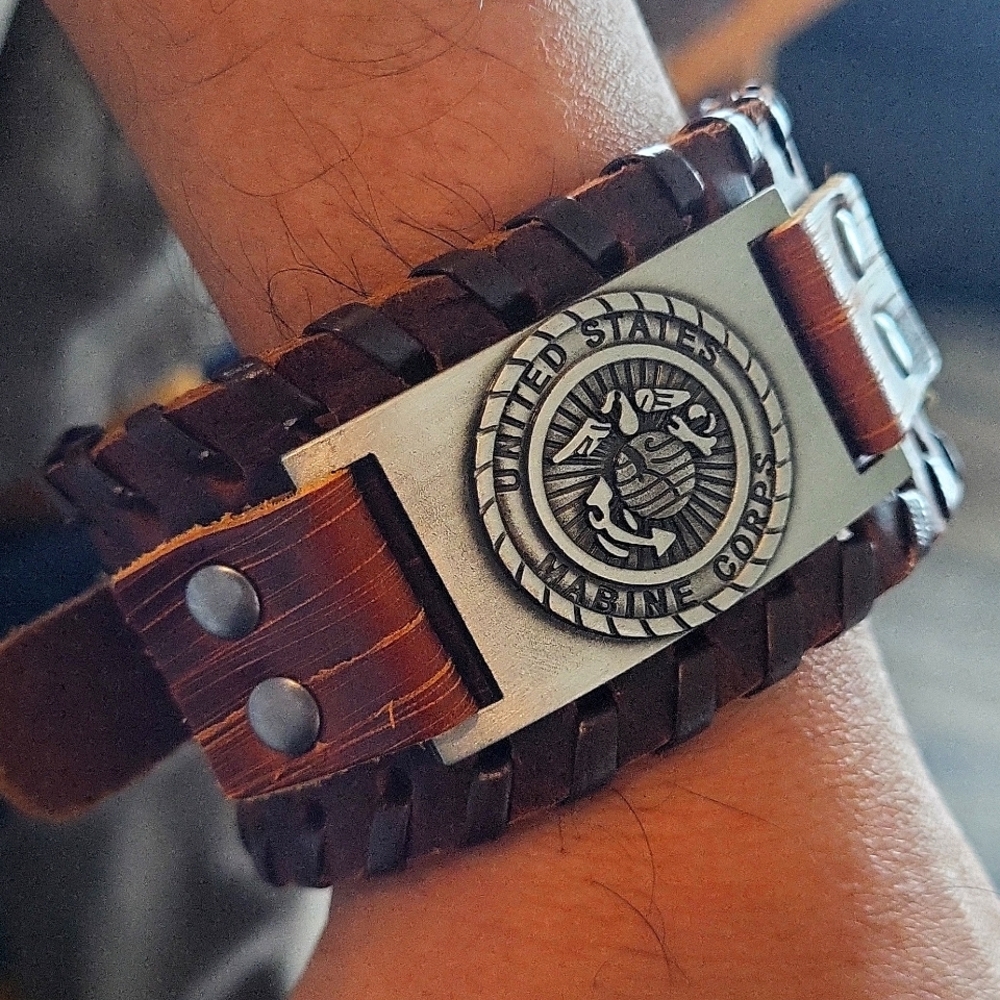 Support a Marine friend or family mbr. Leather bracelet with Marine Corps Emblem